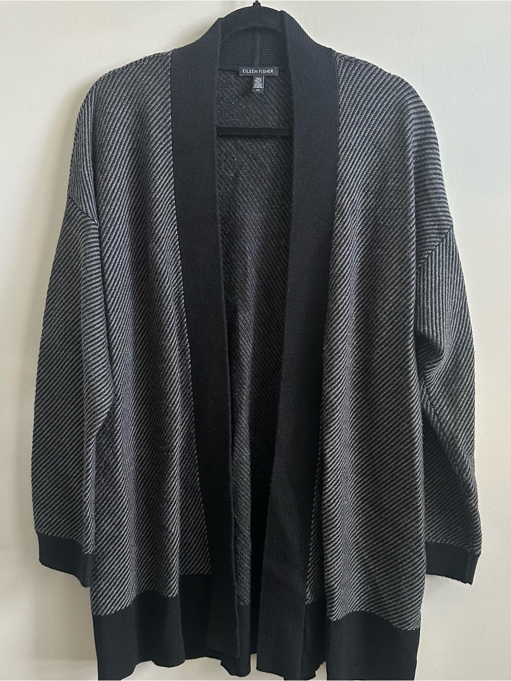 Eileen Fisher Extra Fine Merino Wool Open Front Diagonal Stripe Cardigan (Large)